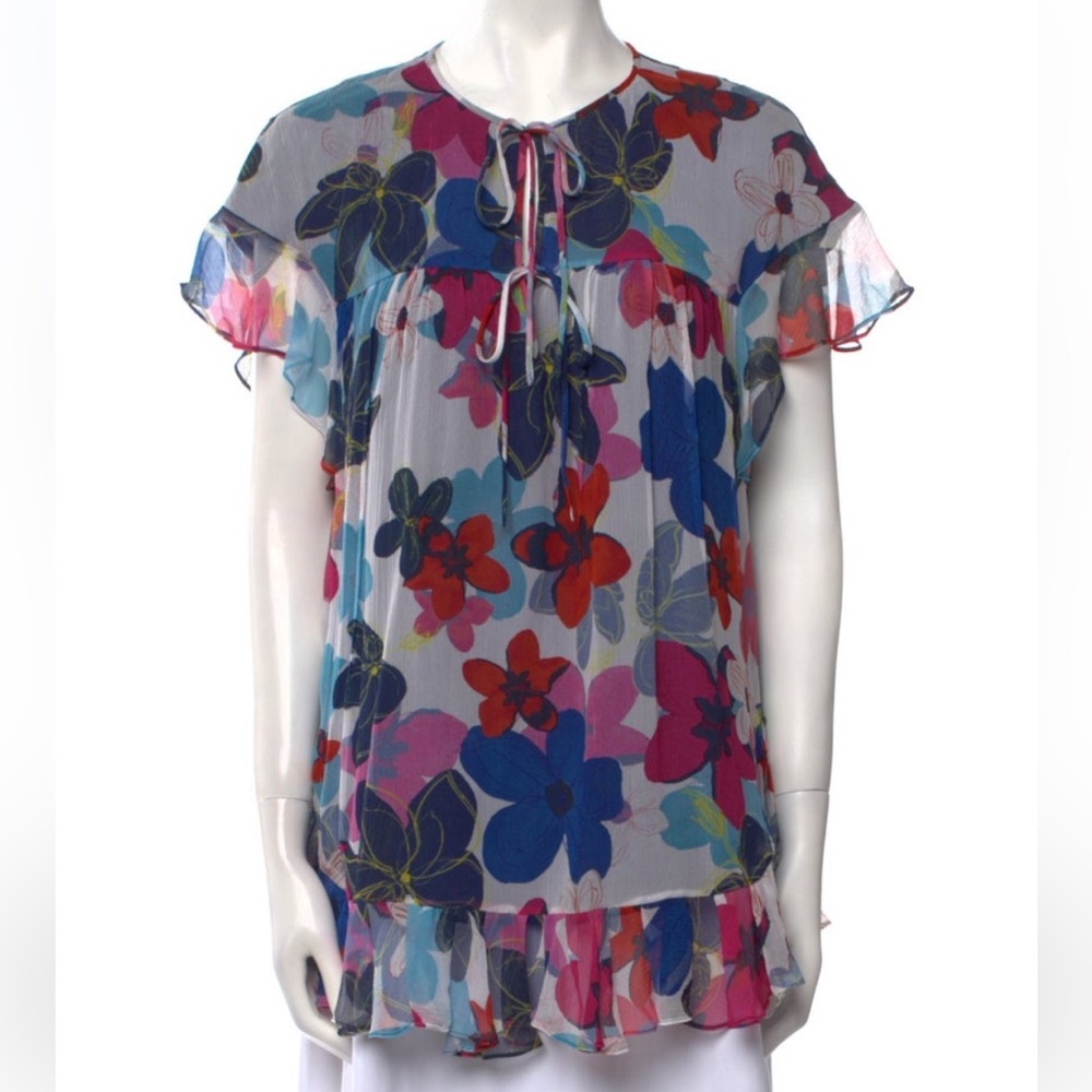 Carolina Herrera Silk Blue White Floral Top 10